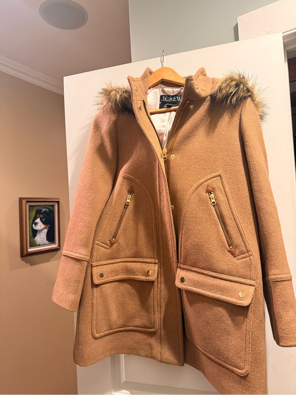 J. Crew Camel Hooded Wool-Blend Peacoat with Faux-Fur Trim